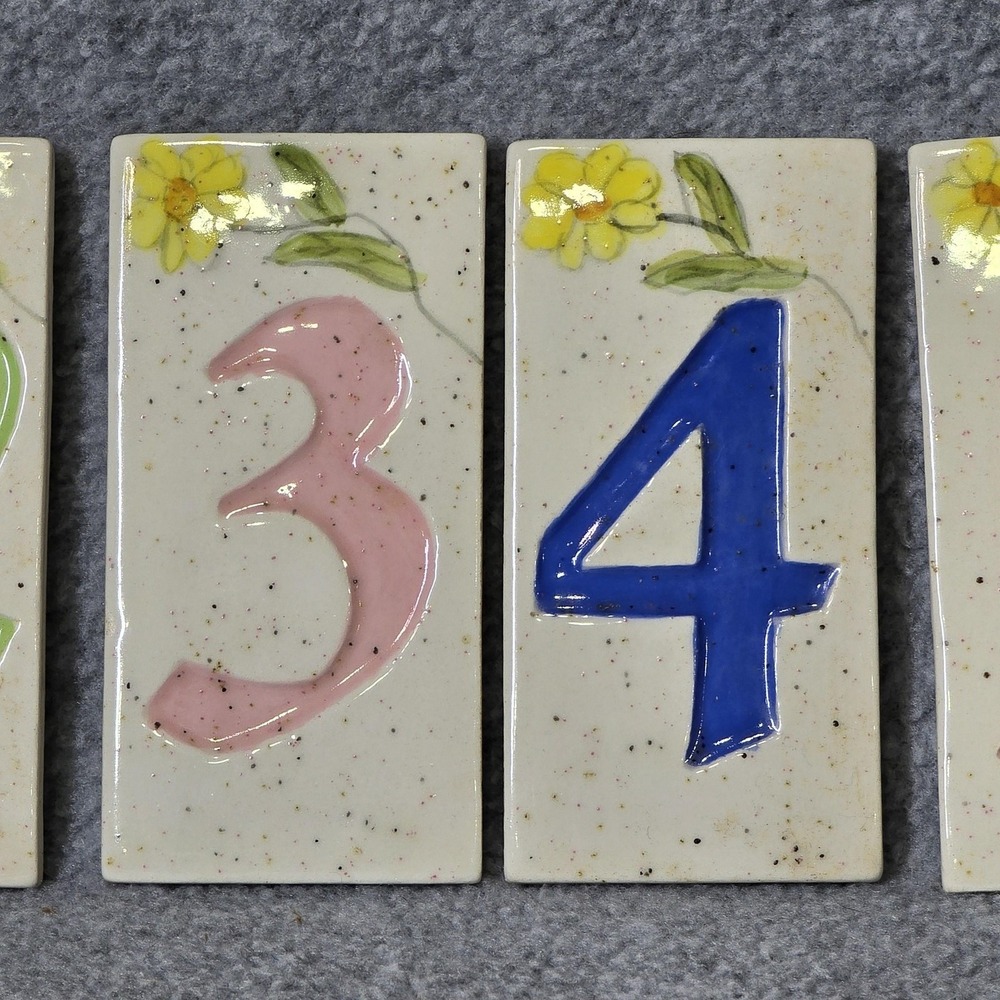 Vintage 70s Hand Painted Ceramic House Number Tiles 1-9 Floral Address Plaques